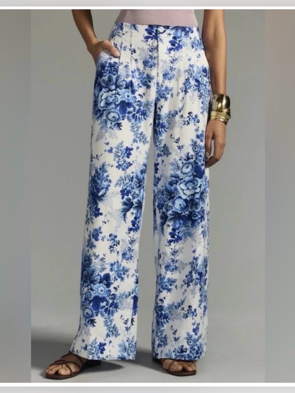 Maeve Anthropologie Wide-Leg Floral Pants in Blue and White